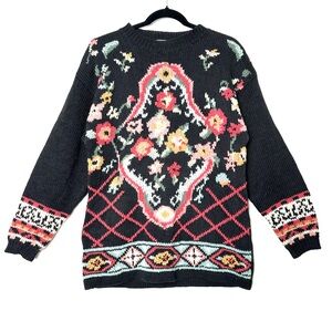 Vintage Grannycore Floral Cozycore Hand Knit Cottagecore Kitschy Sweater